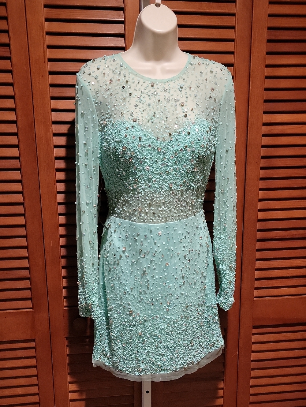 BEBE CLASSEY AQUA COCKTAIL DRESS EMBELLISHED WITH SEQUINS, RHINESTONES AND BEADS